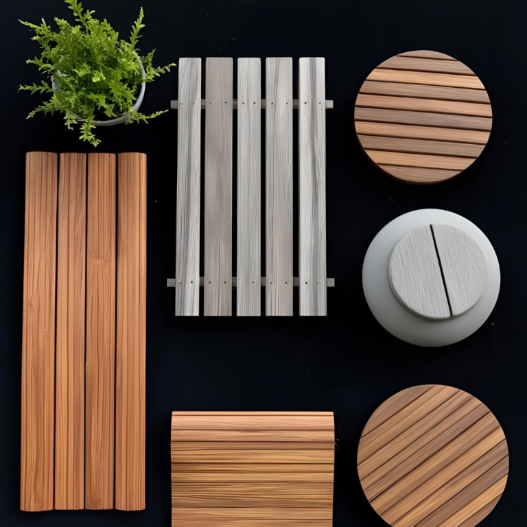 Produkty ogrodowe z drewna i plastiku.