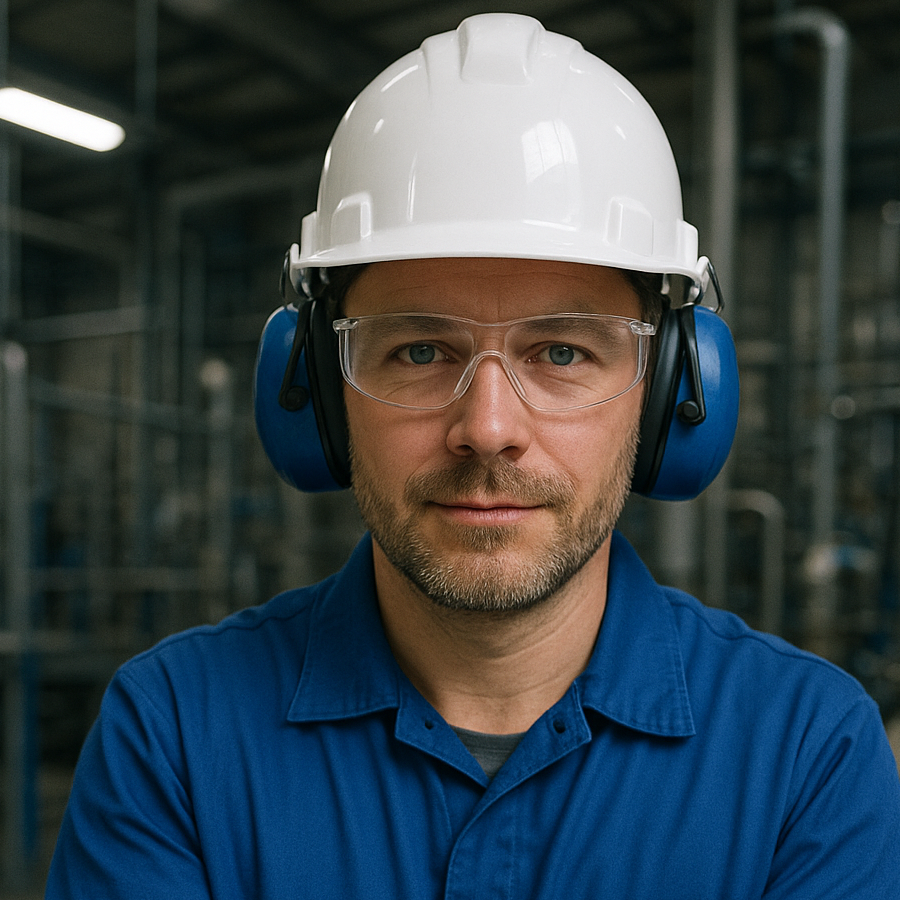 Pracownik produkcji w kasku ochronnym.